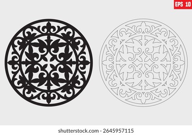 laser cut round coaster vector illustration design bundle. Template for carved stand. Cabinet fretwork screen. Lotus Mandala Metal design, wood carving, vector isolated on white background. 