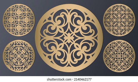 Juego de paneles ornamentales cortados por láser. Plantilla para soporte tallado. Pantalla de libre trabajo del gabinete. Diseño de metal, tallado de madera, vector.