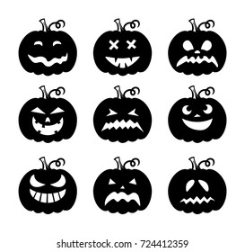 Laser cut set of a scary Halloween pumpkins. Collection of silhouette spooky images. Horror emoticons for paper cutting. Emoji art. Isolated vector illustration on white background. Black icons.