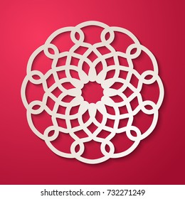 Laser cut simple mandala circular pattern. Cutout paper lace doily on red. Vintage paper cut 3d ornamental background. Invitation or greeting card design template. Vector illustration