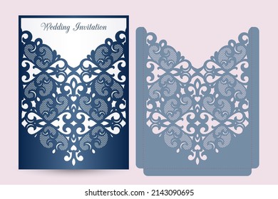 Laser cut sleeve envelope template with lace pocket. Wedding invitation or greeting card cover with abstract ornament. Suitable for greeting cards, invitations, menus.