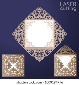 Laser cut square envelope with patterned corners, Template for wedding invitation card. Cutout paper fold card for laser cutting or die cutting. Suitable for greeting cards, invitations, menus.