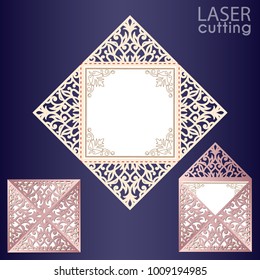 Laser Cut Square Envelope With Patterned Corners, Template For Wedding Invitation Card. Cutout Paper Fold Card For Laser Cutting Or Die Cutting. Suitable For Greeting Cards, Invitations, Menus.