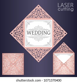 Laser cut square envelope with patterned corners, Template for wedding invitation card. Cutout paper fold card for laser cutting or die cutting. Suitable for greeting cards, invitations, menus.