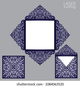 Laser cut square envelope with patterned corners, Template for wedding invitation card. Cutout paper four fold card for laser cutting or die cutting. Suitable for greeting cards, invitations, menus.