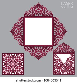 Laser cut square envelope with patterned corners, Template for wedding invitation card. Cutout paper four fold card for laser cutting or die cutting. Suitable for greeting cards, invitations, menus.
