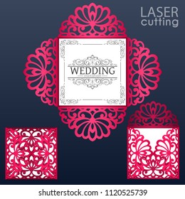 Laser cut square envelope with patterned corners. Template for wedding invitation card. Four fold laser cut template. Suitable for greeting cards, invitations, menus.