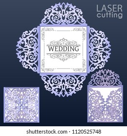 Laser cut square envelope with patterned corners. Template for wedding invitation card. Four fold laser cut template. Suitable for greeting cards, invitations, menus.