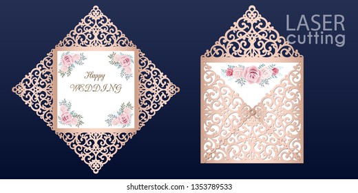 Laser cut square envelope with patterned corners, wedding invitation card with rose flowers. Cutout paper four fold card template. Suitable for greeting cards, invitations, menus.