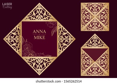 Laser cut square envelope with patterned corners, Template for wedding invitation card. Cutout paper four fold card for laser cutting or die cutting. Suitable for greeting cards, invitations, menus.