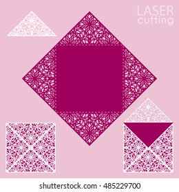 Laser cut square envelope with patterned corners.Wedding invitation card template vector. Cutout paper fold card for laser cutting or die cutting. Suitable for greeting cards, invitations, menus.