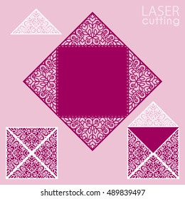 Laser cut square envelope with patterned corners.Wedding invitation card template vector. Cutout paper fold card for laser cutting or die cutting. Suitable for greeting cards, invitations, menus.