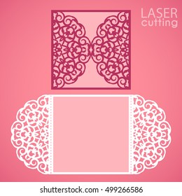 Laser cut square envelope with patterned corners, Template for wedding invitation card. Cutout paper fold card for laser cutting or die cutting. Suitable for greeting cards, invitations, menus.