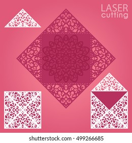 Laser cut square envelope with patterned corners, Template for wedding invitation card. Cutout paper fold card for laser cutting or die cutting. Suitable for greeting cards, invitations, menus.