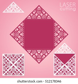 Laser cut square envelope with patterned corners, Template for wedding invitation card. Cutout paper fold card for laser cutting or die cutting. Suitable for greeting cards, invitations, menus.