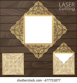 Laser cut square envelope with patterned corners.Wedding invitation card template vector. Cutout paper fold card for laser cutting or die cutting. Suitable for greeting cards, invitations, menus.