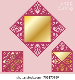 Laser cut square envelope with patterned corners.Wedding invitation card template vector. Cutout paper fold card for laser cutting or die cutting. Suitable for greeting cards, invitations, menus.