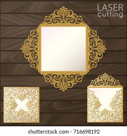 Laser cut square envelope with patterned corners, Template for wedding invitation card. Cutout paper fold card for laser cutting or die cutting. Suitable for greeting cards, invitations, menus.