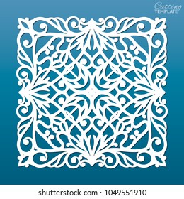Laser cut square ornamental panel with pattern. Decorative element for wedding design. Cabinet fretwork panel. Metal design, wood carving.