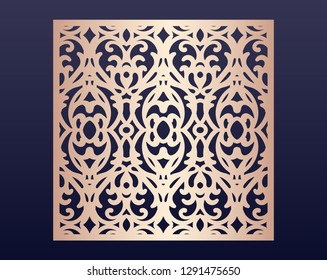Laser cut square ornamental panel with pattern, template for cutting. Wedding invitation or greeting card template. Cabinet fretwork screen. Metal design, wood carving.