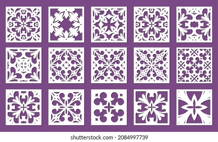 Laser cut square ornamental panel templates set. Cabinet fretwork screen. Metal design, wood carving, vector.