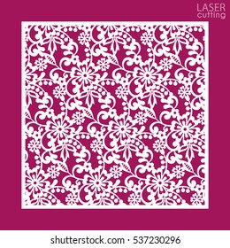 Laser cut square ornamental panel with pattern. Template of wedding invitation or greeting card. Cabinet fretwork panel. Metal design, wood carving.