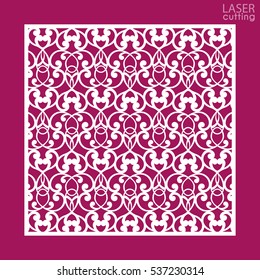 Laser cut square ornamental panel with pattern. Template of wedding invitation or greeting card. Cabinet fretwork panel. Metal design, wood carving.