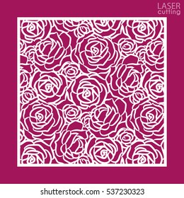 Laser cut square ornamental panel with pattern of roses. Template of wedding invitation or greeting card. Cabinet fretwork panel. Metal design, wood carving.