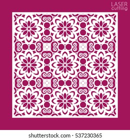 Laser cut square ornamental panel with pattern. Template of wedding invitation or greeting card. Cabinet fretwork panel. Metal design, wood carving.