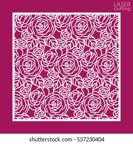 Laser cut square ornamental panel with pattern of roses. Template of wedding invitation or greeting card. Cabinet fretwork panel. Metal design, wood carving.