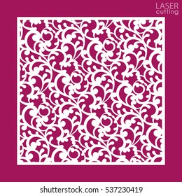 Laser cut square ornamental panel with pattern. Template of wedding invitation or greeting card. Cabinet fretwork panel. Metal design, wood carving.