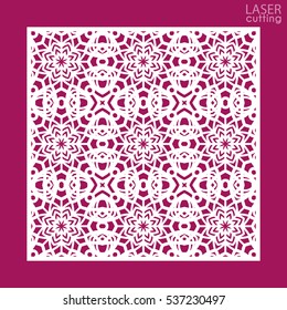 Laser cut square ornamental panel with pattern. Template of wedding invitation or greeting card. Cabinet fretwork panel. Metal design, wood carving.