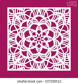Laser cut square ornamental panel with pattern. Template of wedding invitation or greeting card. Cabinet fretwork panel. Metal design, wood carving.
