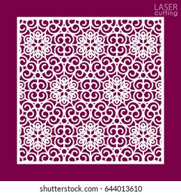 Laser cut square ornamental panel with pattern. Template of wedding invitation or greeting card. Cabinet fretwork panel. Metal design, wood carving.