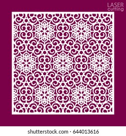 Laser cut square ornamental panel with pattern. Template of wedding invitation or greeting card. Cabinet fretwork panel. Metal design, wood carving.