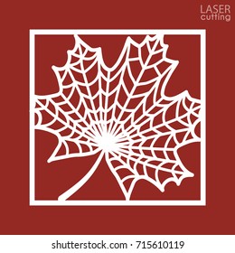 Laser cut square ornamental panel with pattern of maple leaf. Template of wedding invitation or greeting card. Cabinet fretwork screen. Metal design, wood carving.