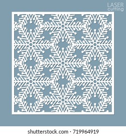 Laser cut square ornamental panel with snowflakes pattern. Template of Christmas invitation or New Year greeting card. Cabinet fretwork screen. Metal design, wood carving.