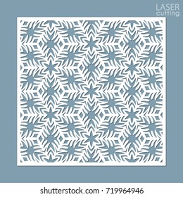 Laser cut square ornamental panel with snowflakes pattern. Template of Christmas invitation or New Year greeting card. Cabinet fretwork screen. Metal design, wood carving.