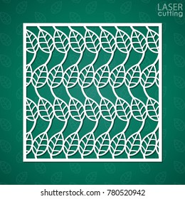 Laser cut square ornamental panel with pattern of leaves. Template of wedding invitation or greeting card. Cabinet fretwork screen. Metal design, wood carving.