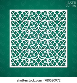 Laser cut square ornamental panel with pattern of leaves. Template of wedding invitation or greeting card. Cabinet fretwork screen. Metal design, wood carving.