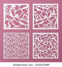 Laser cut square panel templates set with magnolia flowers cutout pattern, vector.