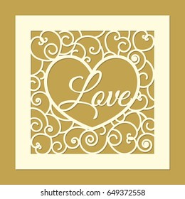Laser cut square template with curled pattern, heart silhouette and lettering LOVE. Elegant vector abstract design for wedding favor box, greeting cards, stencil, gift box, paper, wood, metal cutting