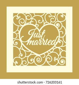 Laser cut square template with curled pattern, heart silhouette and Just Married lettering. Elegant vector design for wedding favor box, greeting cards, stencil, gift box, paper, wood, metal cutting.