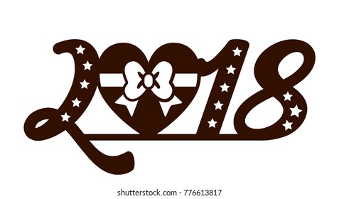 Laser cut template. 2018 Text Design with heart, gift and star. Happy new year card. Vector illustration. Wood or metal cutting pattern. Window decoration paper cutout.