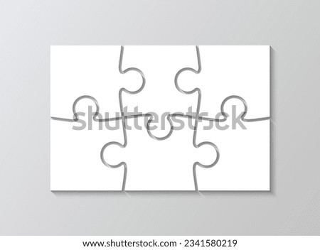 Laser cut template with 6 details. Puzzle grid template. Jigsaw pieces mosaic. Layout of thinking mosaic game. White modern background. Infographic diagram. Vector illustration.