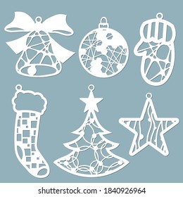 Plantilla de corte láser. Bolas y Mittens Silhouette para cortar. Artesanía de papel de Navidad. Patrón geométrico, de punto y de apertura