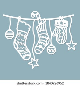 Laser cut template. Balls and Socks, stockings, knee socks, Silhouette for cutting. Christmas paper craft. Geometric, knitting and openwork pattern