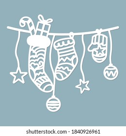 Laser cut template. Balls and Socks, stockings, knee socks, Silhouette for cutting. Christmas paper craft. Geometric, knitting and openwork pattern