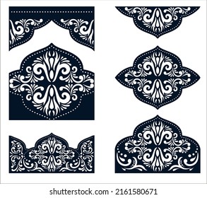 Plantilla de corte láser.Conjunto de bordes con adorno floral. Un patrón infinitamente extensible de hojas, rizos, líneas. Tema de las plantas. Plantilla vectorial para el corte por láser, papel, cartón, plástico, plástico
