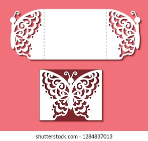 Laser cut template. Card with butterfly for wedding, Valentines, gate fold invitation, greeting, save the day. Cutout openwork vector silhouette. Pattern on the ornate lace insect on red background.